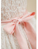 Cap Sleeves Ivory Lace Pink Lining Flower Girl Dress With Flower Sash